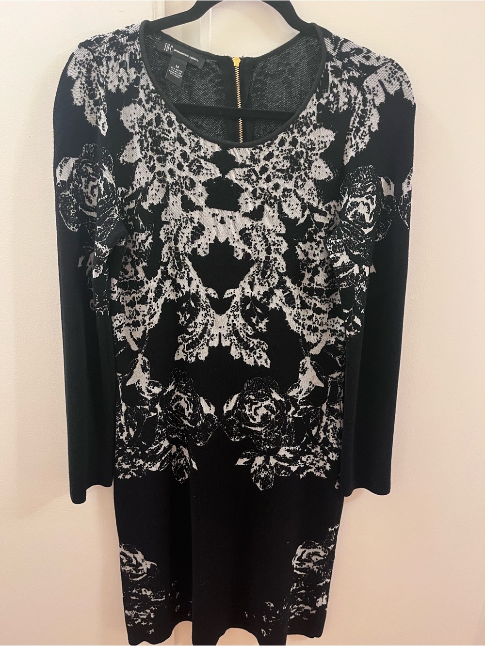 INC International Concepts Black and White Floral-Print Long Sleeve Dress-Size M